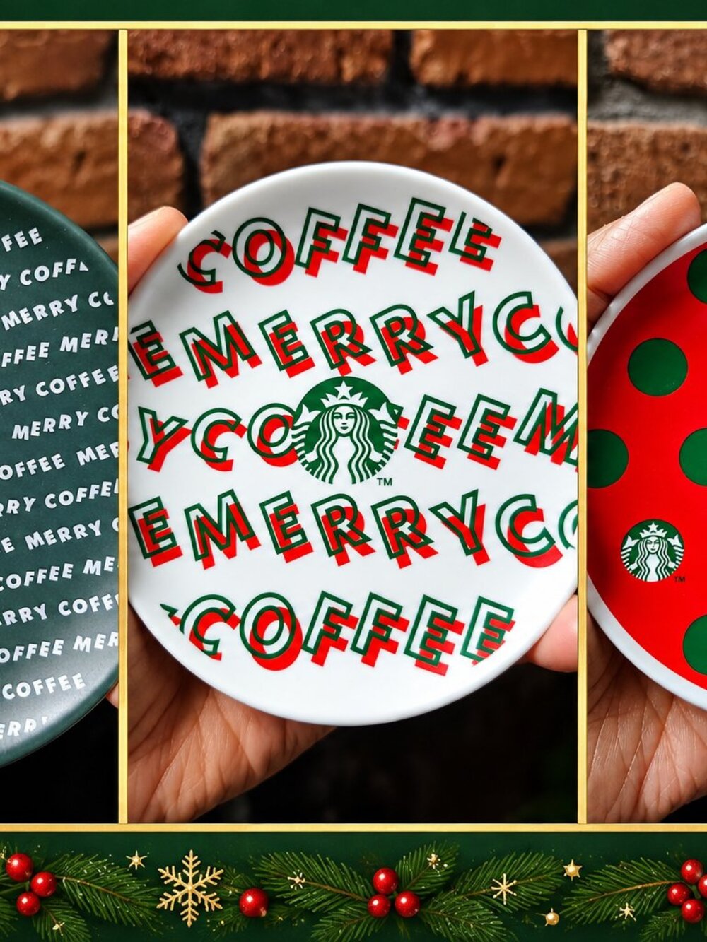 Starbucks Japan Imported Merry Coffee 4" Mini Plates Set of 3 Christmas Holiday